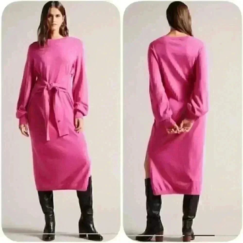 Ted Baker Women Essya Slouchy Tie Front Midi Knit Sweater Dress Pink